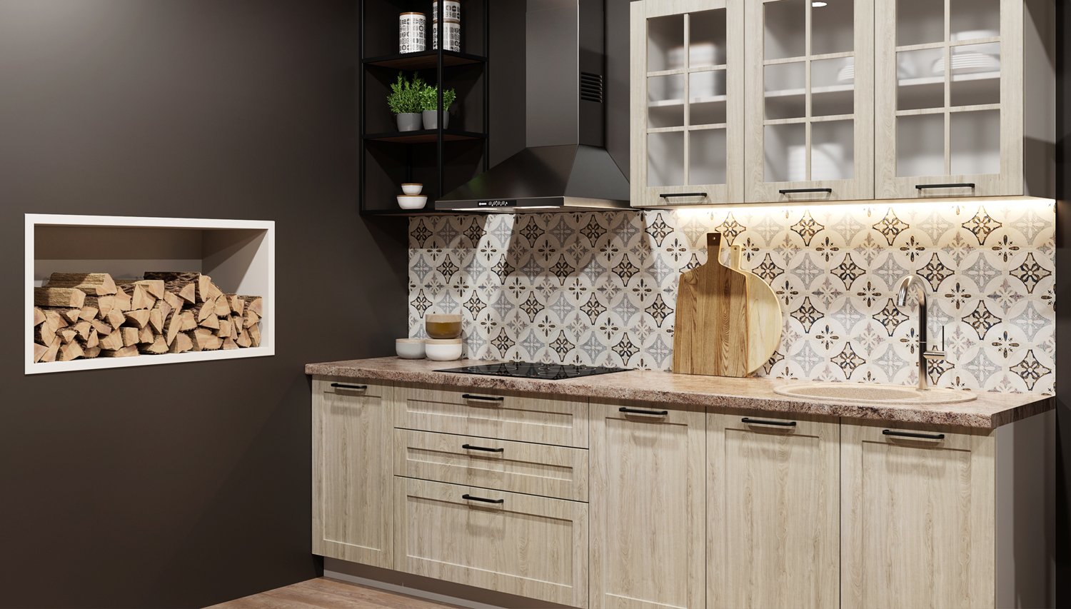 Кухня Л-05. Матовый. Древесный Пастельный. МДФ + плёнка. Мебель 