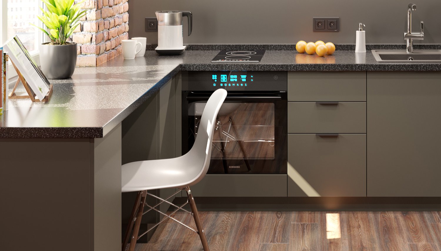 Кухня Л-02. Матовый. Тёмный. МДФ + пластик. Мебель 