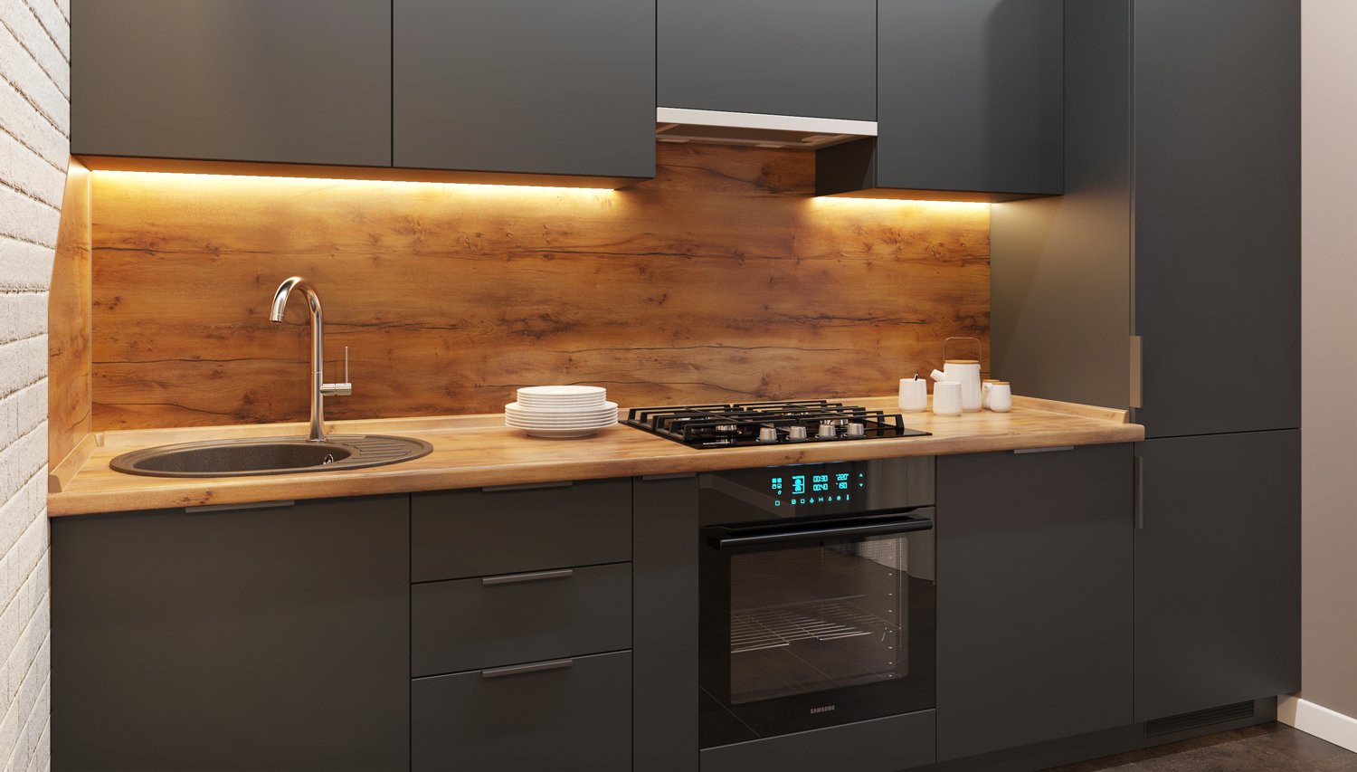 Кухня Л-04. Матовый. Тёмный. МДФ + плёнка. Мебель 